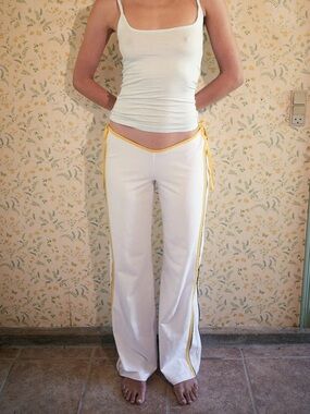 White Women's Tie-Waist Track Pants with Yellow Trim